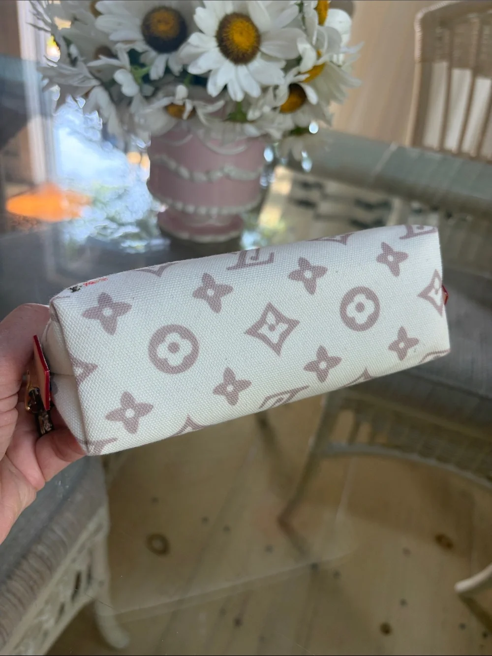 Source Unknown White Cosmetic Pouch with Multicolor Patch Motifs Unbranded